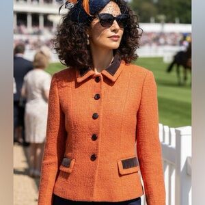 Ann Taylor Petites Wool Blend Tweed Blazer Jacket Orange Red Size 6P Equestrian